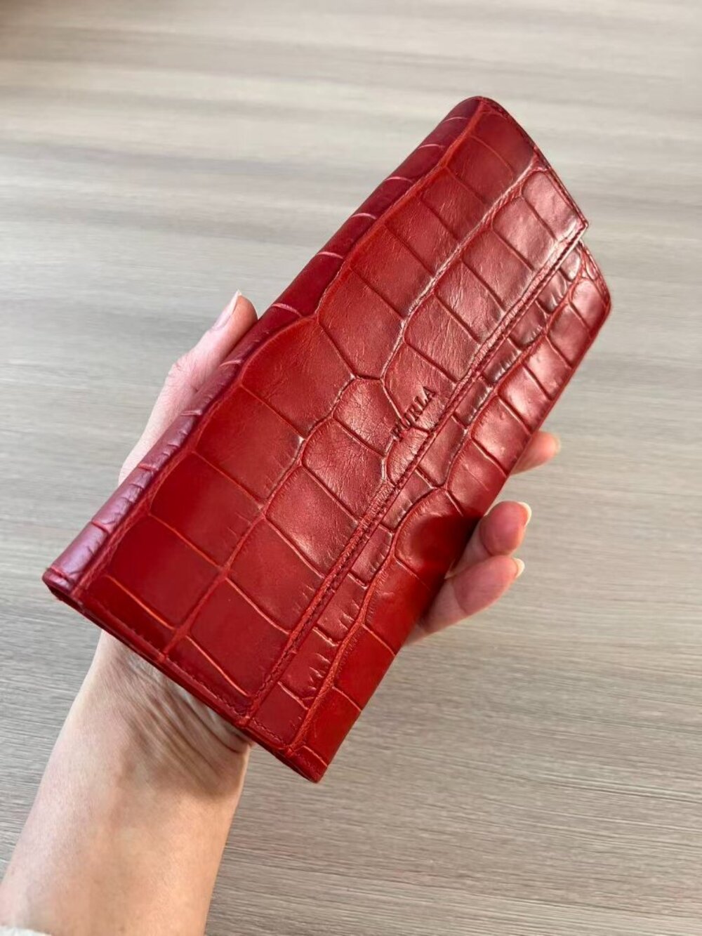 Excellent Condition Furla Crocodile Embossed Genuine Leather Wallet In Red